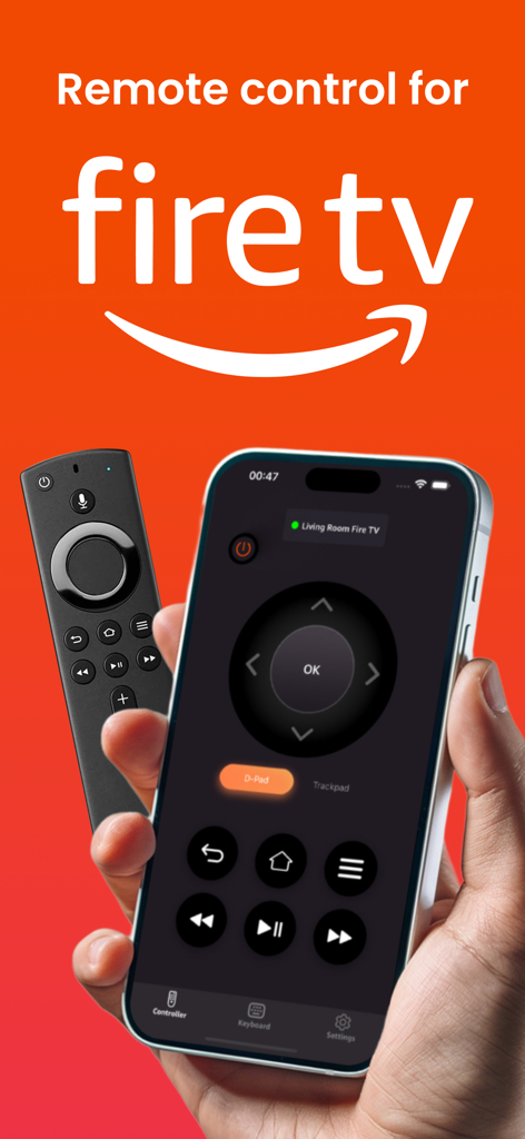 Remote for Firestick · Fire TV - Mano che tiene un iPhone che mostra l'interfaccia dell'app Remote per Firestick accanto a un telecomando fisico Fire TV