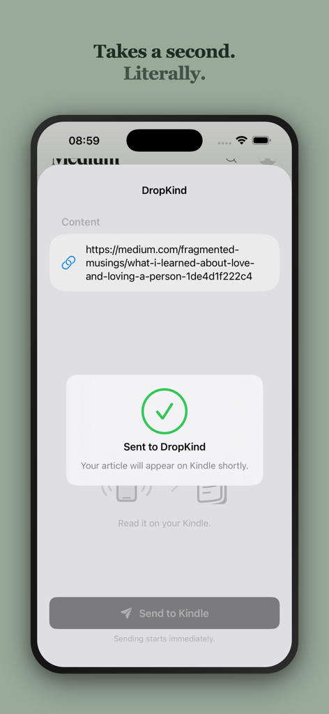 DropKind: Send to Kindle - A mobile app interface showing a successful article transfer to a Kindle device with a confirmation message and a green checkmark.