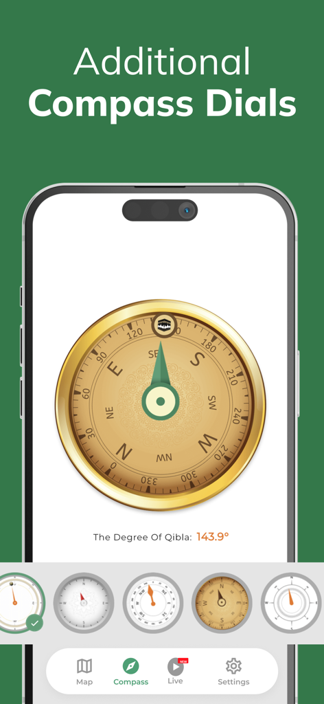 Uma tela de smartphone mostrando diferentes designs e temas de mostradores da bússola Qibla disponíveis no aplicativo.