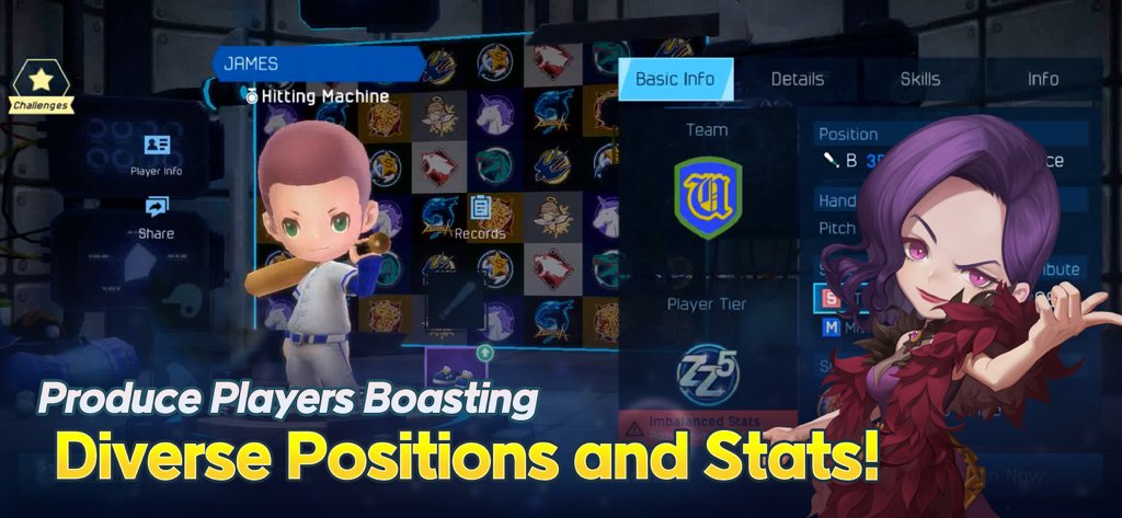 Baseball Superstars 2024 Spielmenü mit Spielerstatistiken und Anime-Charakteren