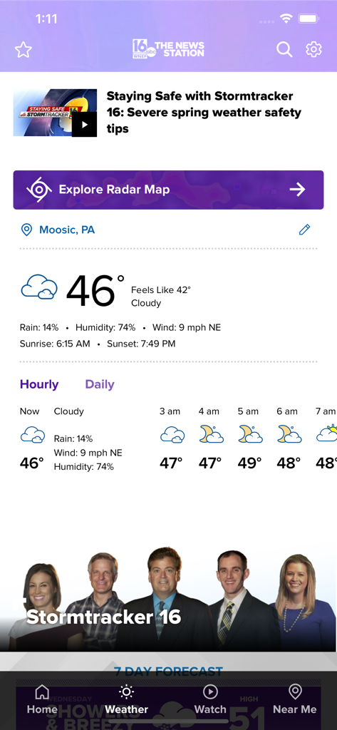WNEP news app interface showing a local weather forecast for Moosic Pennsylvania including the current temperature and an hourly outlook.