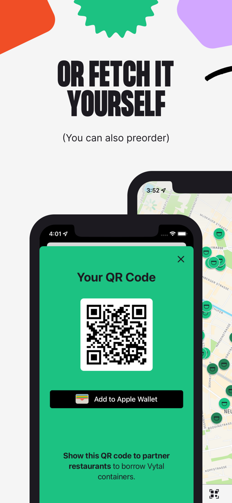 Vytal app screen showing a QR code to borrow reusable containers and a map of local partners