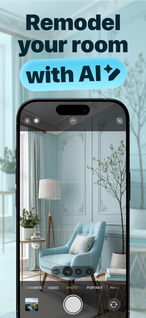 Écran de smartphone montrant l'application Ai Home Design avec le texte Relookez votre pièce avec l'IA
