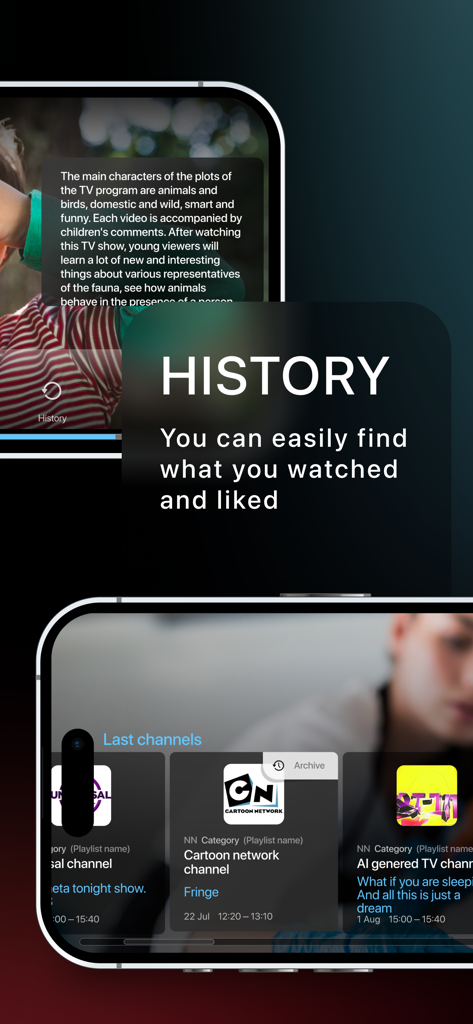 Alice Player IPTV Ott - Interfaz de la aplicación Alice Player IPTV que muestra la función de historial y los canales vistos recientemente