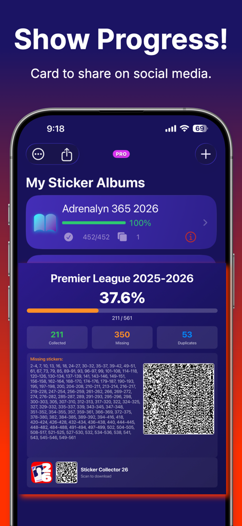 Sticker Collector 26 - Una tarjeta de progreso de la aplicación Sticker Collector 26 que muestra estadísticas de colección y un código QR para intercambiar