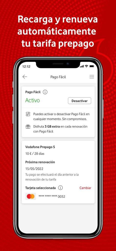 Interfaz de la app Mi Vodafone mostrando la sección Pago Fácil para recargas automáticas de tarjetas prepago y renovaciones de planes