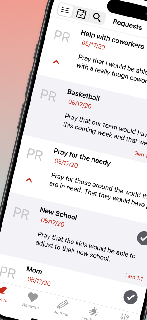 Interface of the Amen Prayer Journal app showing a list of categorized prayer requests with dates