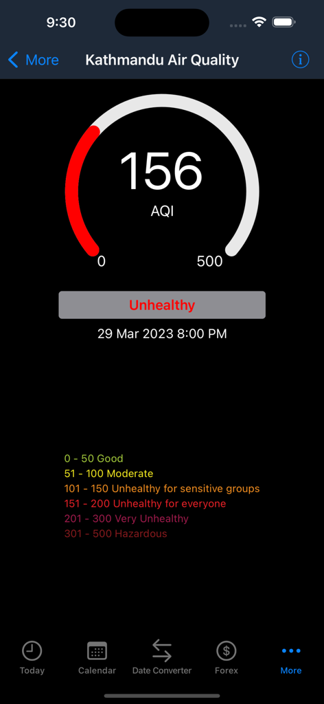 Mero Patro - Nepali Calendar - Anzeige des Luftqualitätsindex von Kathmandu in der Mero Patro App, die eine ungesunde Bewertung zeigt