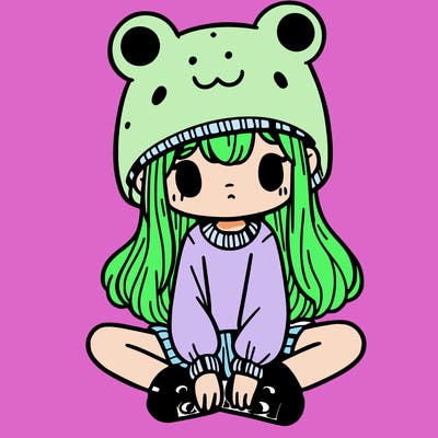 a girl wearing a frog hat and some frog socks