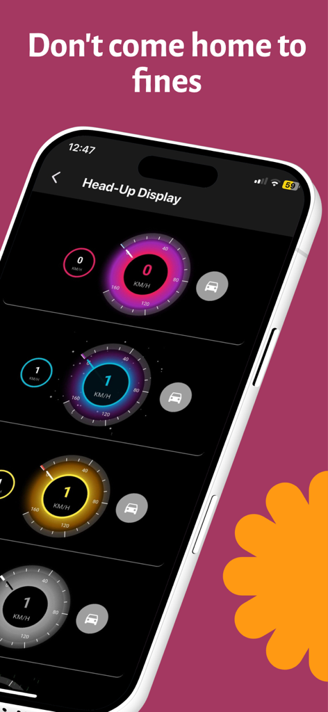 Radar Detector: Police Finder - Mobile app screen showing various Head-Up Display speedometer styles for police detection.