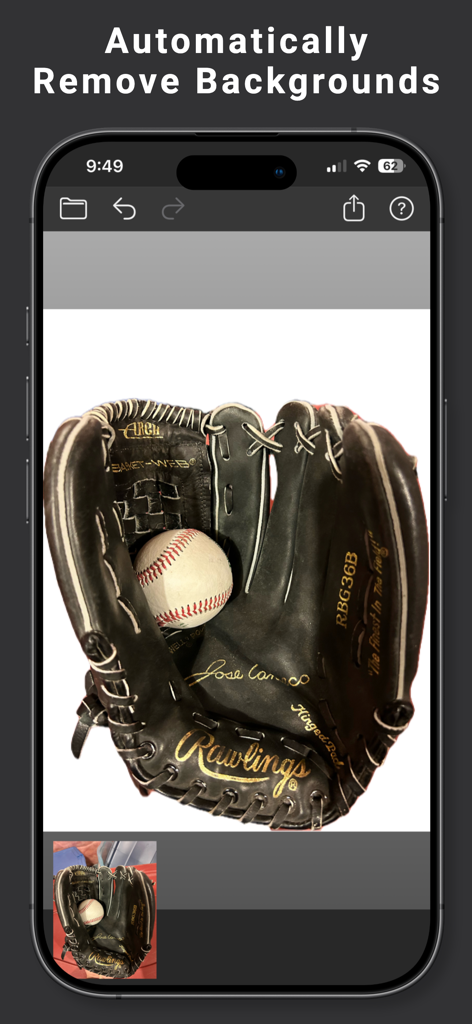 Facecopy: Face Swap Pic Editor - Facecopy app demonstrating automatic background removal on a baseball glove photo.