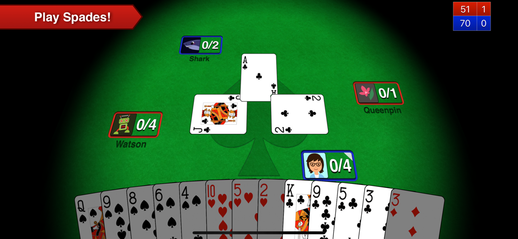 Spades+ - A digital spades card game match in progress on a green felt table.