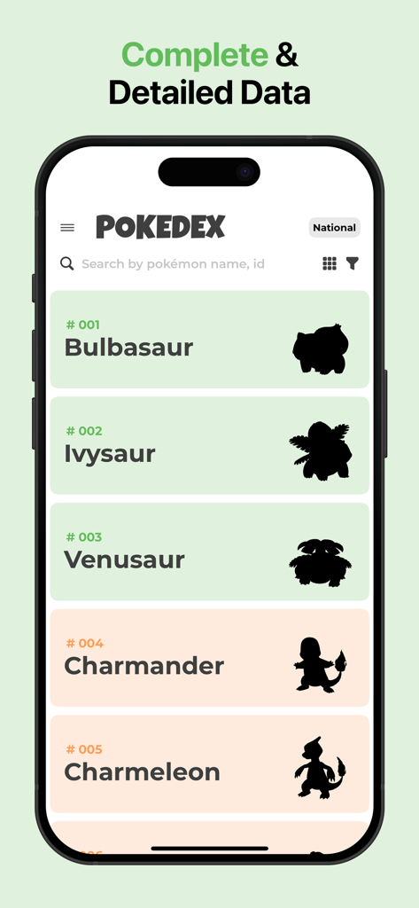 MonsterDex: The Ultimate Guide - Detailed Pokedex list in the MonsterDex app featuring Bulbasaur and Ivysaur with their ID numbers