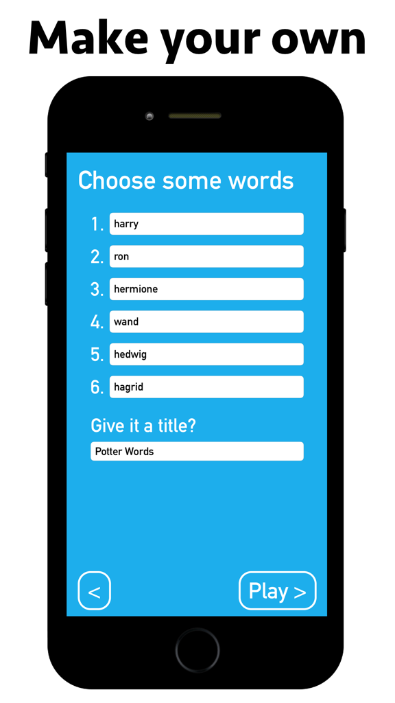 Word Race - Puzzle Game - A mobile interface for creating a custom word search puzzle in the Word Race app showing a list of words and a title input