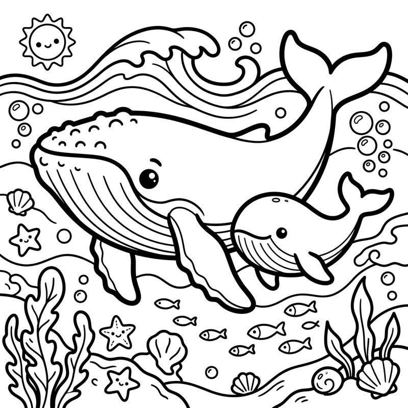 Experience the ocean's gentle giants in an irresistibly cute Kawaii style. This heartwarming coloring page features a loving mother and baby humpback whale, ready for your creative touch.