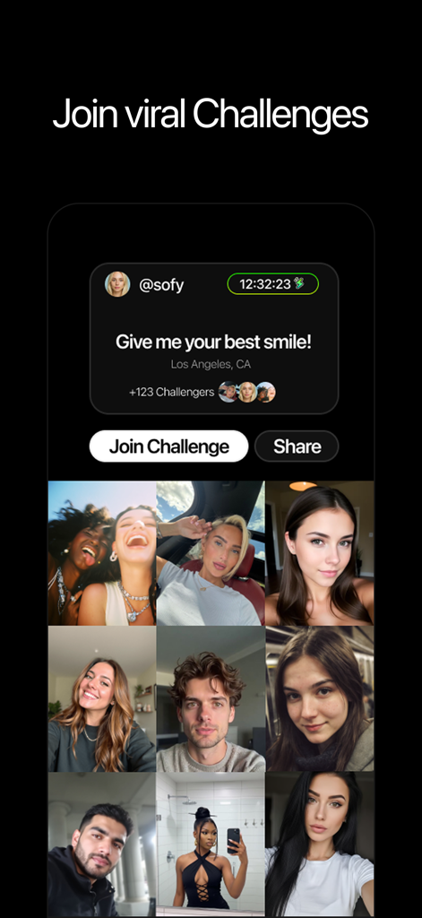 Join viral challenges on the Waveful app with a grid of creator selfies