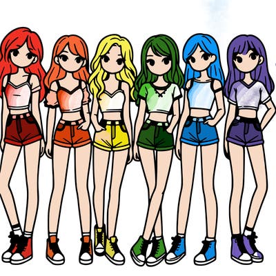 a group of girls wearing crop tops and shorts