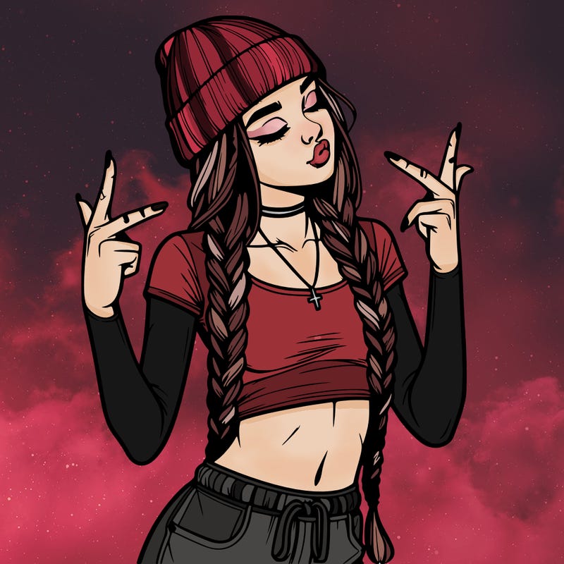 realistic teenage girl with braids and a beanie and crop top doing 🫶🏼