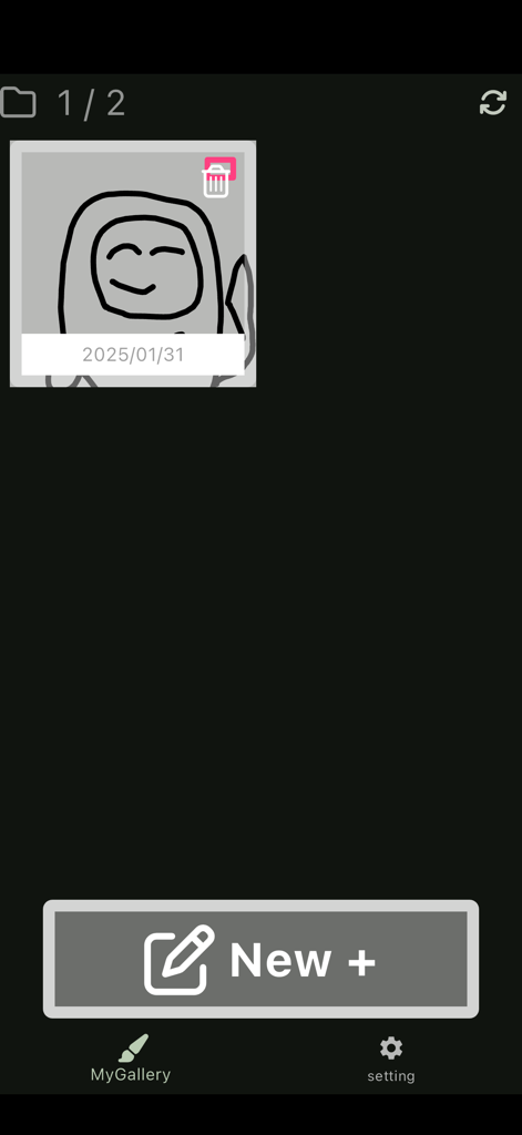 Minimalistische Galerie-Oberfläche einer Zeichen-App, die eine gespeicherte Skizze und eine Schaltfläche zum Starten einer neuen Zeichnung zeigt.