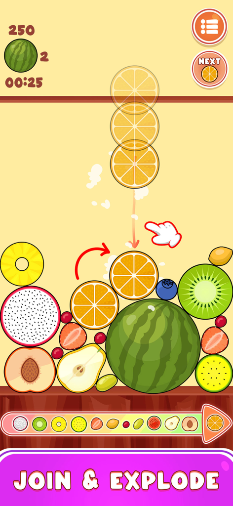 Gameplay screenshot of Watermelon Game Juicy Merge showing fruit being dropped to create a large watermelon