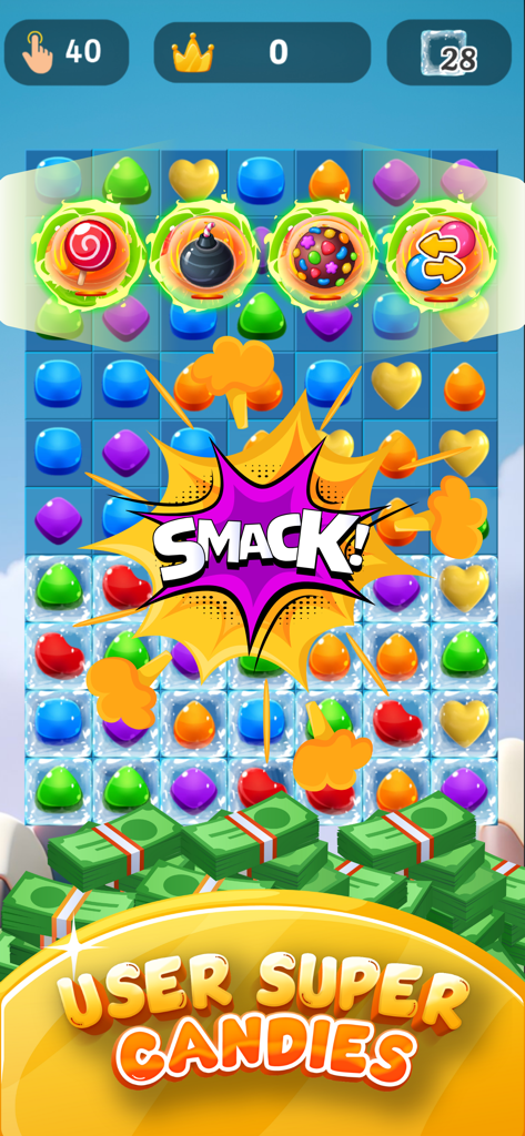 Sugar Cash Match3 Money Prizes - Tela do jogo móvel Sugar Cash Match3 com quebra-cabeças de doces e prêmios em dinheiro