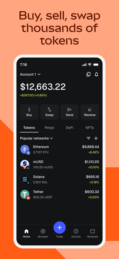 MetaMask: Crypto & Web3 Wallet - MetaMask 모바일 앱 인터페이스에서 암호화폐 포트폴리오 잔액과 토큰 구매, 교환, 전송 옵션 표시