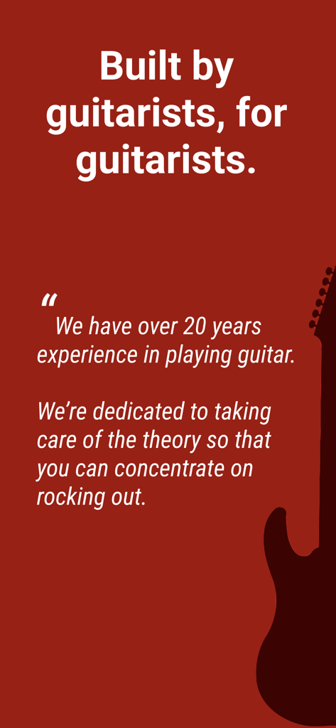 Scale Finder: Guitar Theory - Scale Finder app promotional image stating it is built by guitarists for guitarists with 20 years of experience.