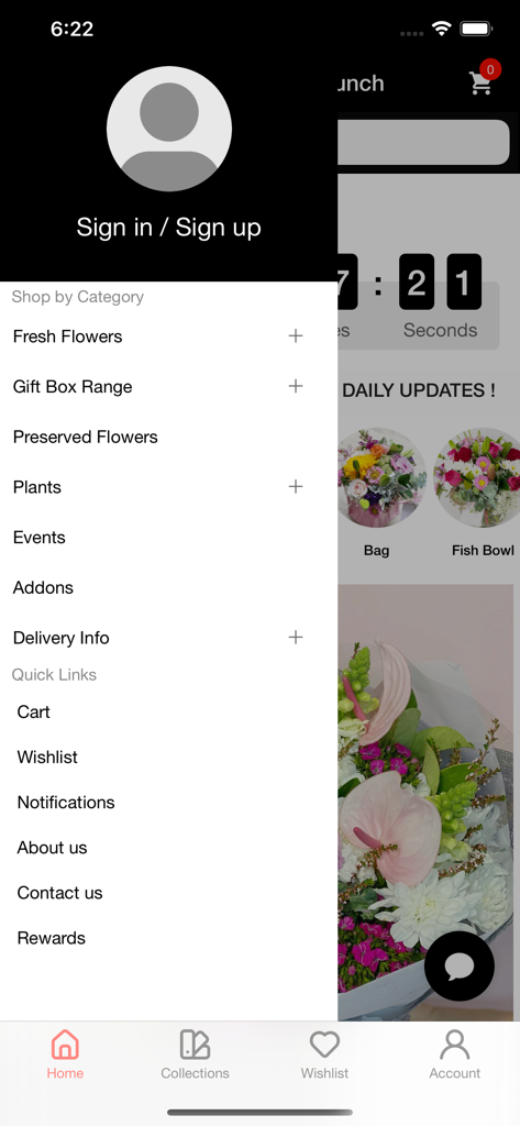 The Little Market Bunch - Menu de navegação lateral do aplicativo The Little Market Bunch mostrando categorias de flores e opções de conta de usuário