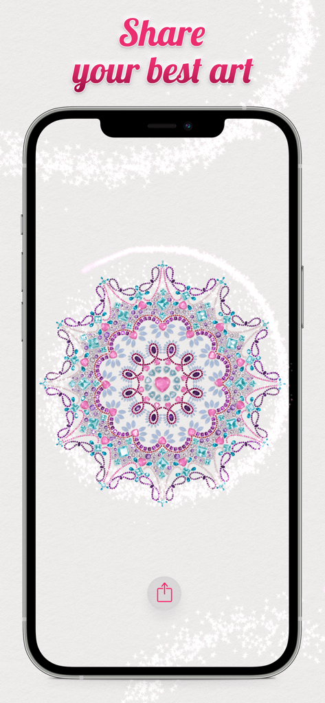 Completed sparkling diamond art mandala on a phone screen with the text Share your best art