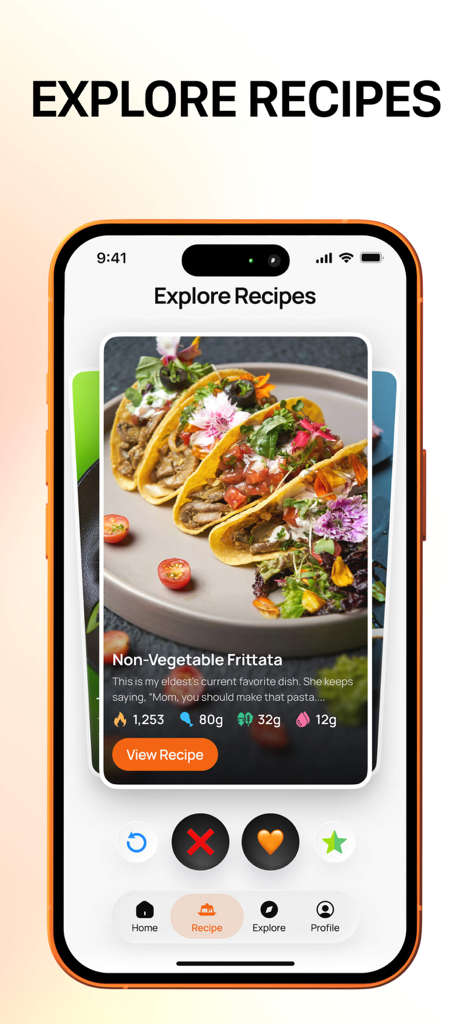 Recipedia app screen showing the Explore Recipes feature with a recipe card for a frittata including nutritional data and swipe-to-save buttons.