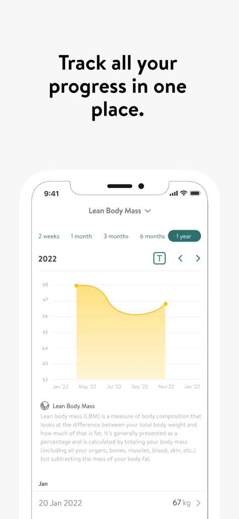 Move Lifestyle - Move Lifestyle app interface showing a lean body mass progress chart with a yellow data visualization