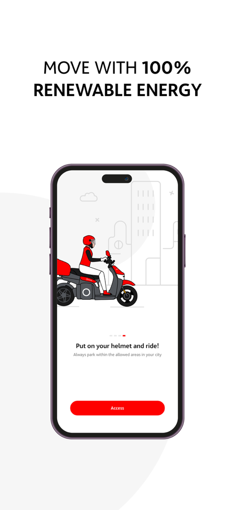 Tela do aplicativo ACCIONA motosharing exibindo uma ilustração de uma scooter elétrica com o texto Mova-se com energia 100% renovável