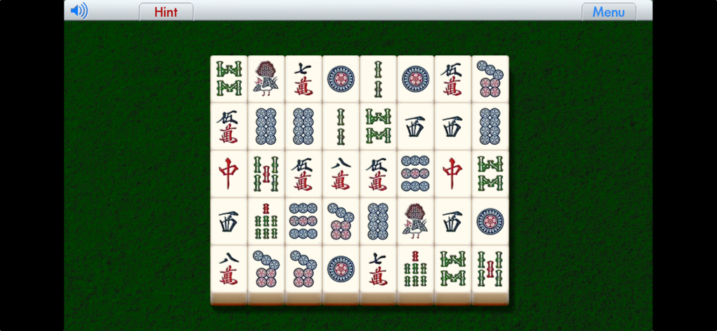 Shisen-Sho - Schermata di gioco del puzzle di abbinamento tessere Mahjong Shisen Sho che mostra una griglia di tessere su sfondo verde.