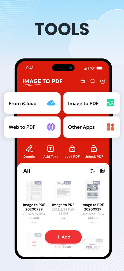 PDF Converter , Photo to PDF - Interfaccia dell'app PDF Converter che mostra vari strumenti tra cui Immagine in PDF, Web in PDF e funzionalità di sicurezza dei documenti come Blocca PDF.