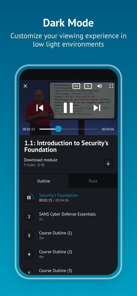 SANS OnDemand - The SANS OnDemand app interface in dark mode displaying a cybersecurity video module and course outline.