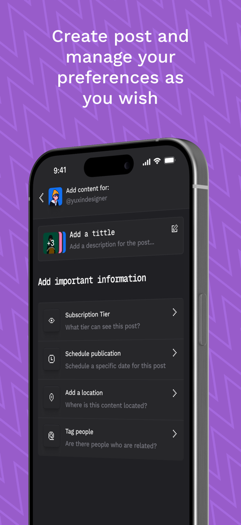 Eskiwi - Eskiwi-App-Oberfläche zum Erstellen und Verwalten von Erstellerbeiträgen mit Optionen für Abonnementstufen und Zeitplanung