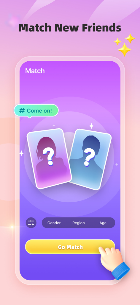 Gala - Social chat - Gala app screen showing the random matching feature with filters for gender region and age