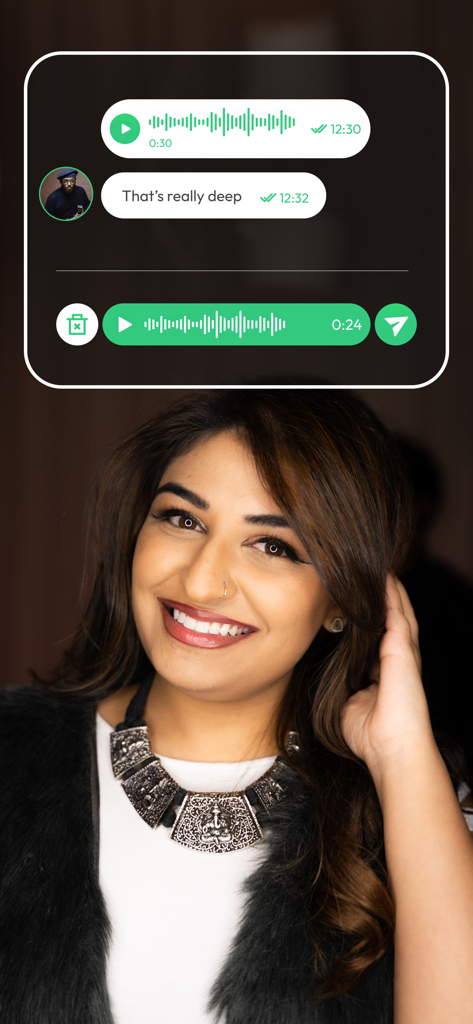 Trueflutter: African Dating - Trueflutter dating app interface displaying audio messages and a smiling user.