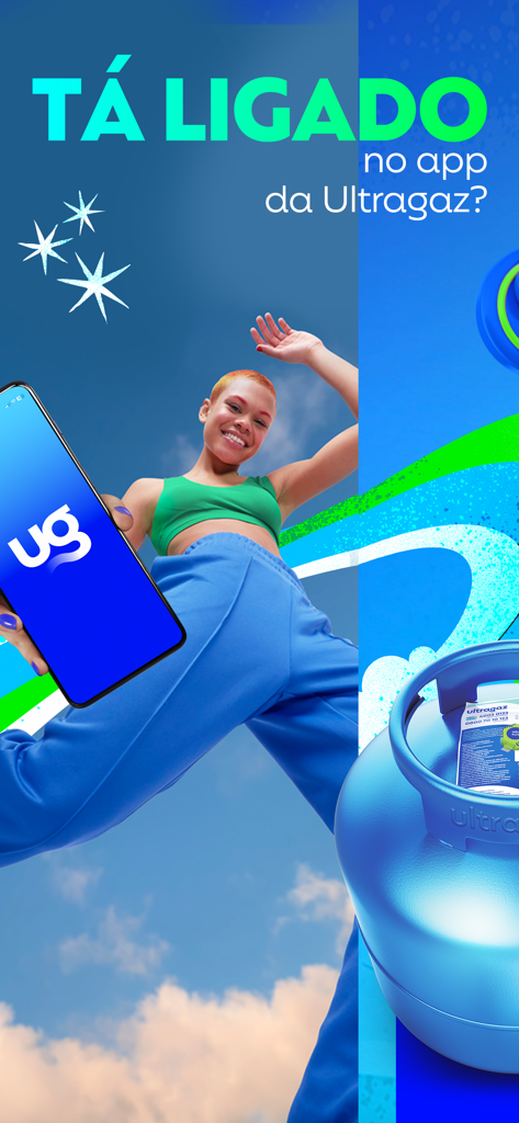 A woman holding a smartphone with the Ultragaz app logo next to a blue LPG gas cylinder under a blue sky.
