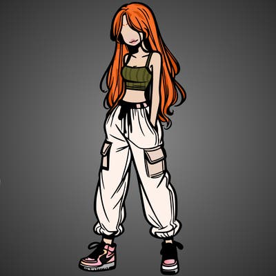 girl in baggy pants crop top and long hair