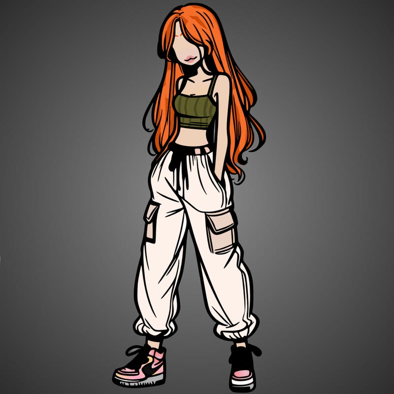 girl in baggy pants crop top and long hair