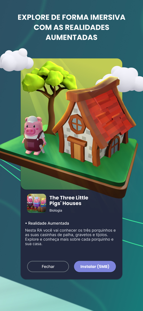 Augmented reality feature in the Bernoulli Play educational app showing a 3D scene of The Three Little Pigs
