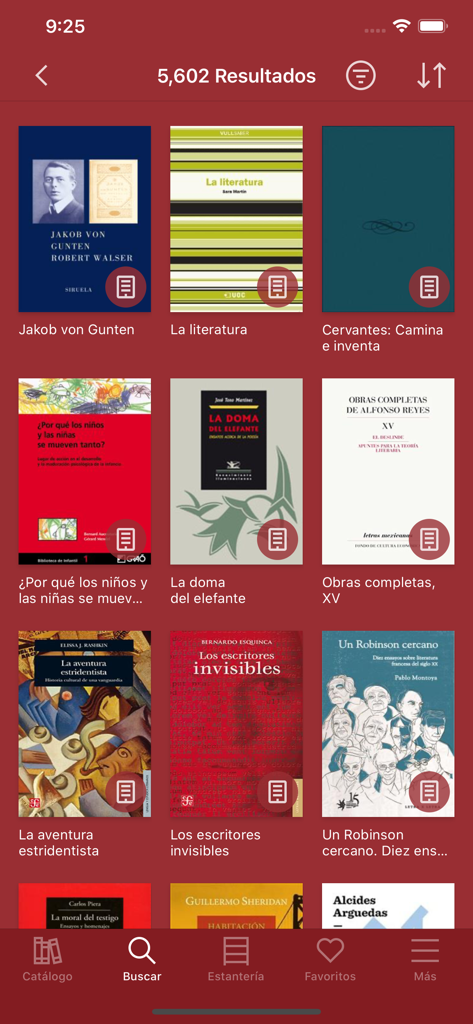 BNP Biblioteca Pública Digital - Pantalla de resultados de búsqueda en la aplicación BNP Biblioteca Publica Digital mostrando una cuadrícula de portadas de libros electrónicos en español