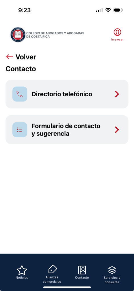 CAAB_CR - Contact screen of the CAAB_CR app for the Costa Rican Bar Association featuring buttons for phone directory and contact form