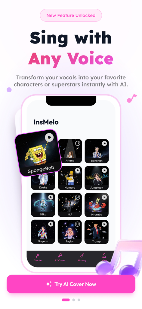Music Maker AI Songs: InsMelo - Interfaz de la aplicación móvil InsMelo mostrando la función de portada de voz IA con varios íconos de personajes y celebridades