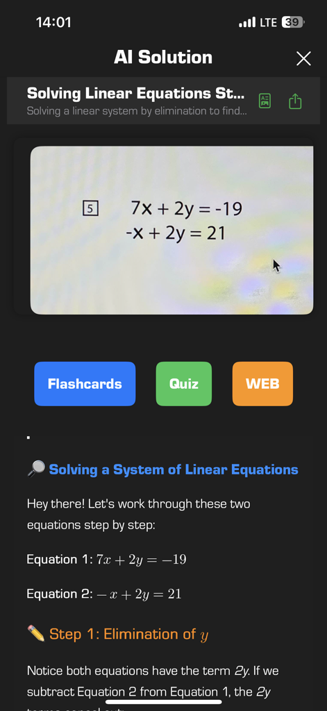 Homework Solver : QuickNotes - Captura de pantalla que muestra una solución IA paso a paso para un sistema de ecuaciones lineales dentro de la aplicación QuickNotes.