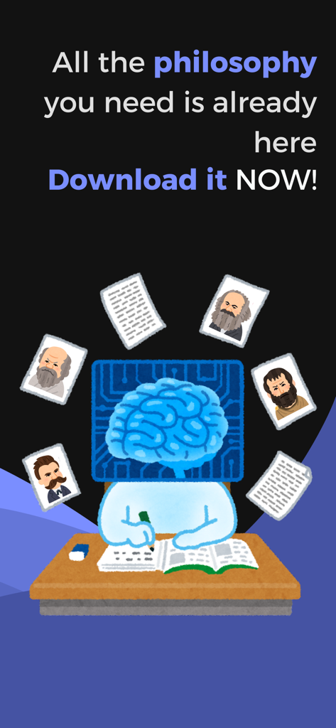 Philosophy Master Learn School - A brain character studying philosophy surrounded by portraits of famous philosophers