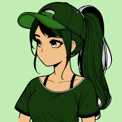 realistic looking girl with her hair in a really long ponytail and a base ball cap, t-shirt
