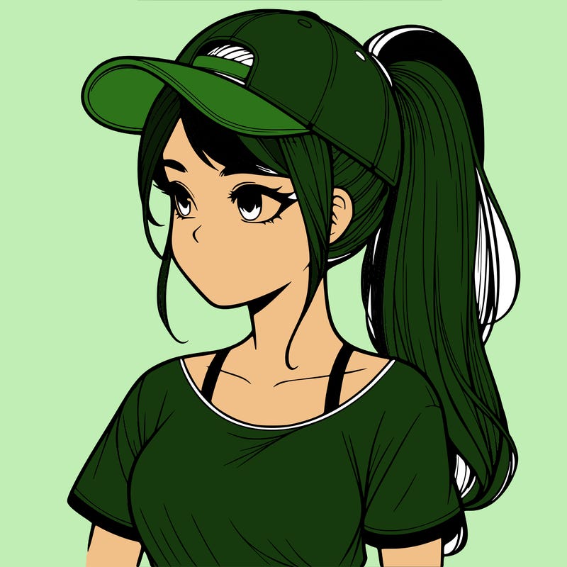 realistic looking girl with her hair in a really long ponytail and a base ball cap, t-shirt