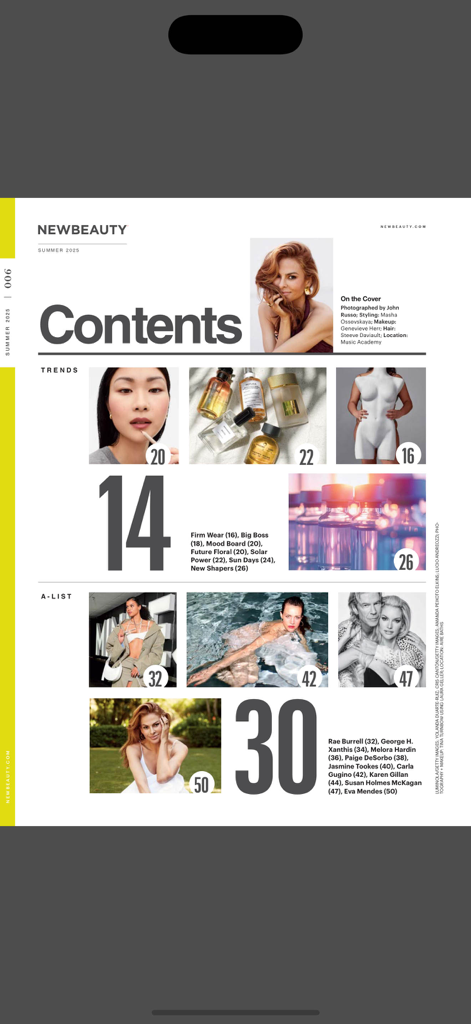 NewBeauty Magazine - Table of contents for the Summer 2025 issue of the NewBeauty Magazine app featuring beauty trends and celebrity articles